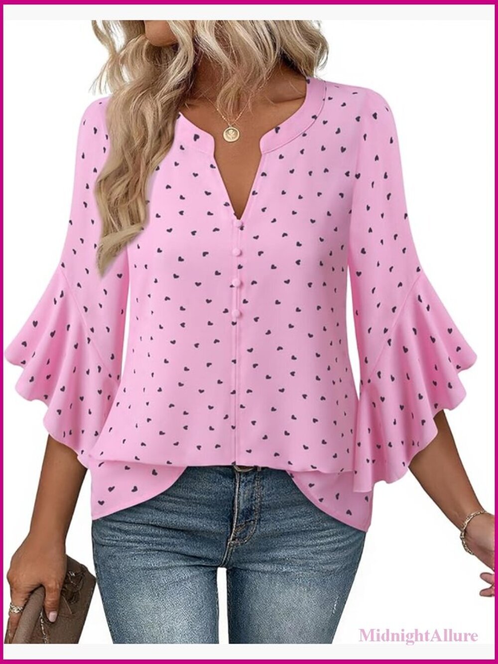 Ruffle 3/4 Sleeve Henley V Neck Chiffon Blouse Button Down Dressy Casual Top